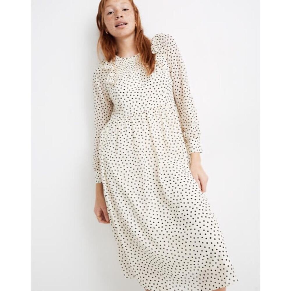 Madewell Smocked Ruffle Midi Dress Dots